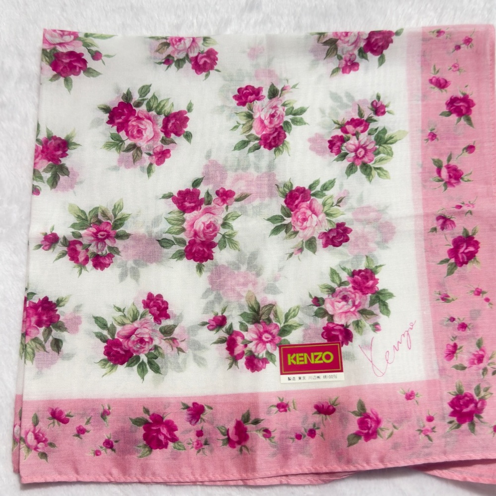 Kenzo Pink and Green Floral Scarf/Handkerchief Cotton 17.5/17.5 - Picture 2 of 9